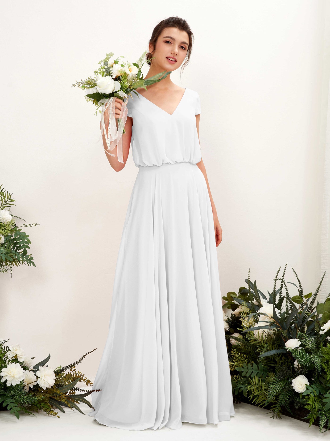 Carlyna Pauline A-Line White Bridesmaid Dress Maxi Cap Sleeve V-Neck Dress #color_white