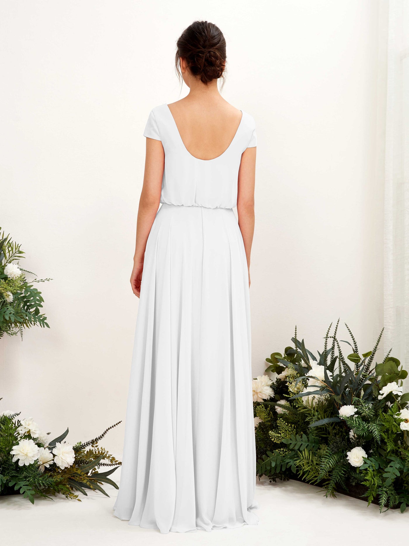 Carlyna Pauline A-Line White Bridesmaid Dress Maxi Cap Sleeve V-Neck Dress #color_white