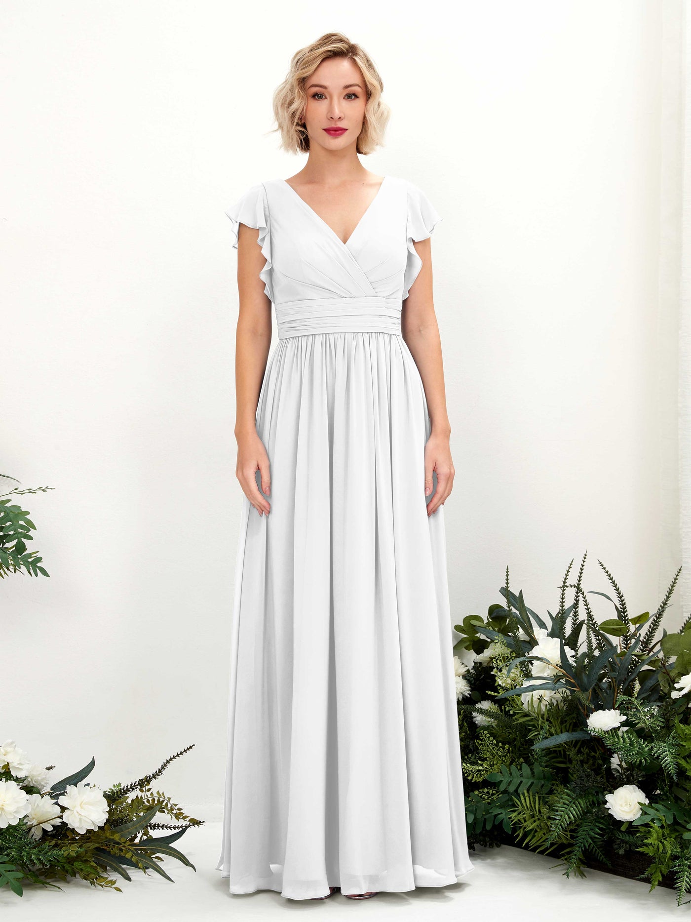 Carlyna Grino A-Line White Bridesmaid Dress Maxi Cap Sleeve V-Neck Dress #color_white