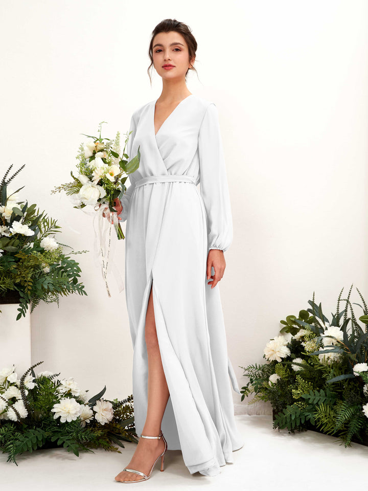 V-neck Long Sleeves Chiffon Bridesmaid Dress - White (81223242)