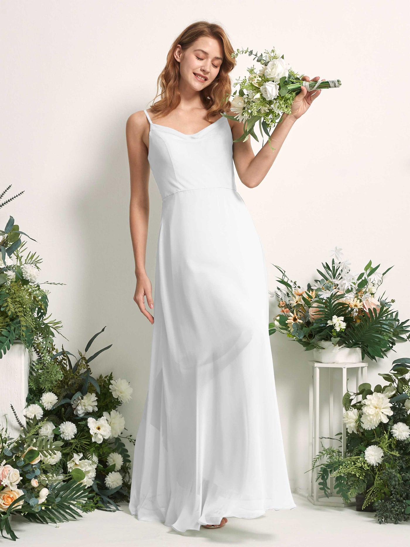 Bridesmaid Dress A-line Chiffon Spaghetti-straps Full Length Sleeveless Wedding Party Dress - White (81227242)#color_white