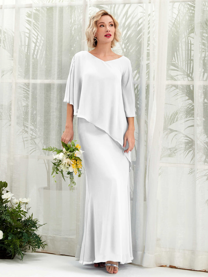 V-neck 3/4 Sleeves Chiffon Bridesmaid Dress - White (81222542)