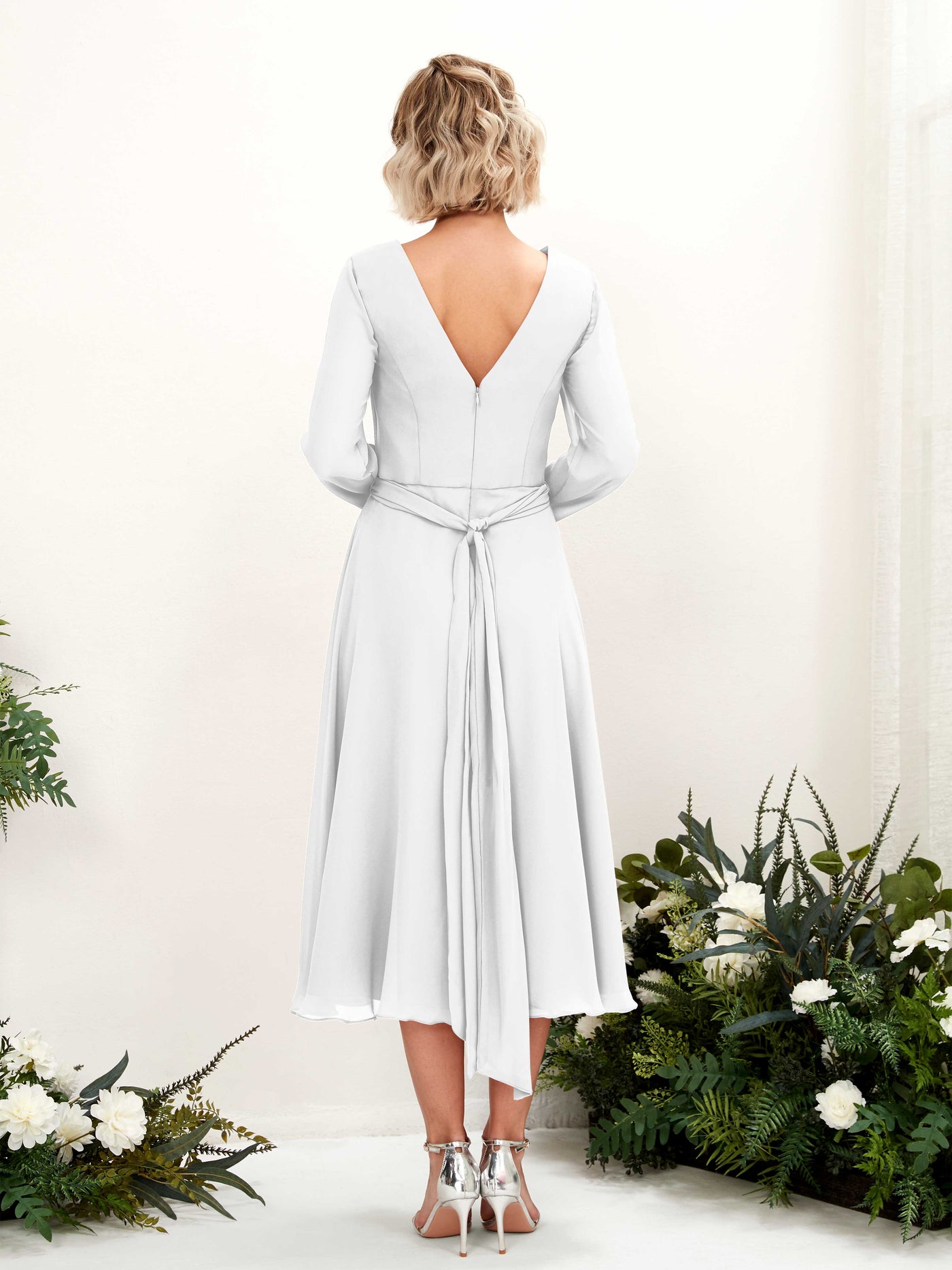 Carlyna Joanna A-Line White Bridesmaid Dress Midi Long Sleeve V-Neck  #color_white