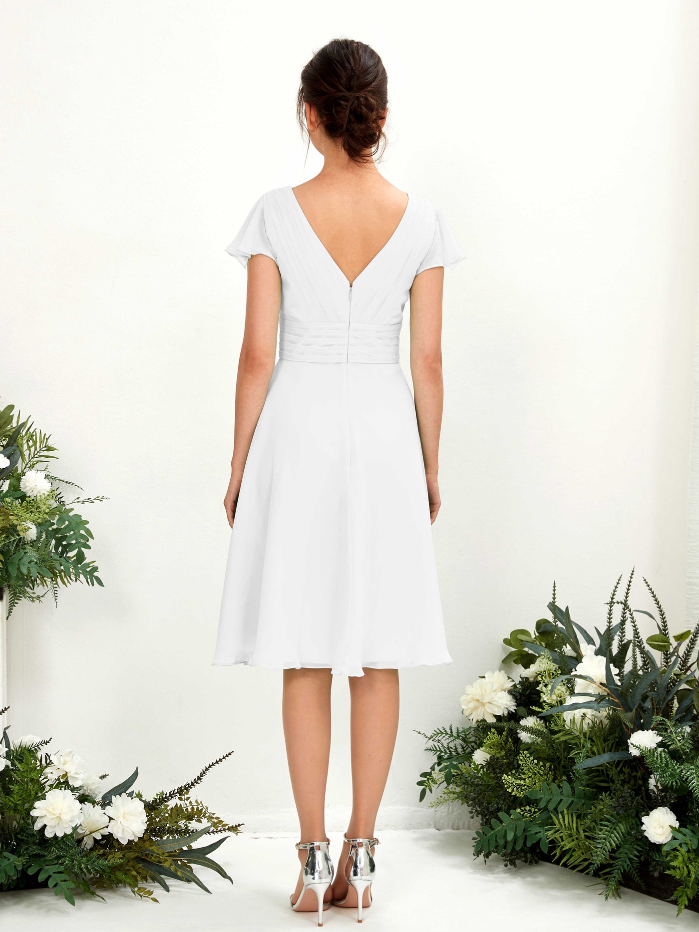 Carlyna Betty A-Line White Bridesmaid Dress Knee-Length Short Sleeve V-Neck Dress #color_white