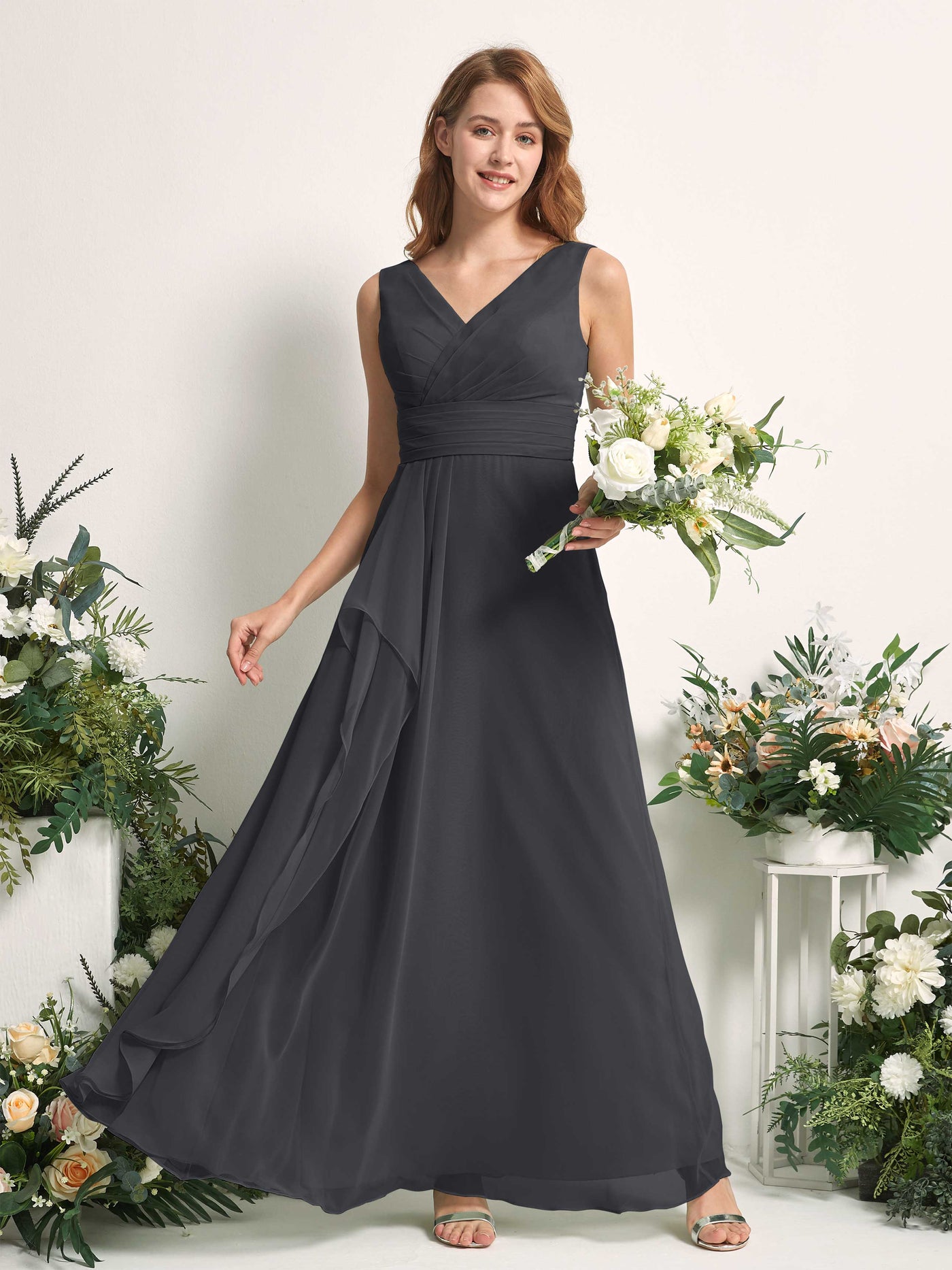 Carlyna Mollie A-Line Pewter Bridesmaid Dress Maxi Sleeveless V-Neck Dress #color_pewter