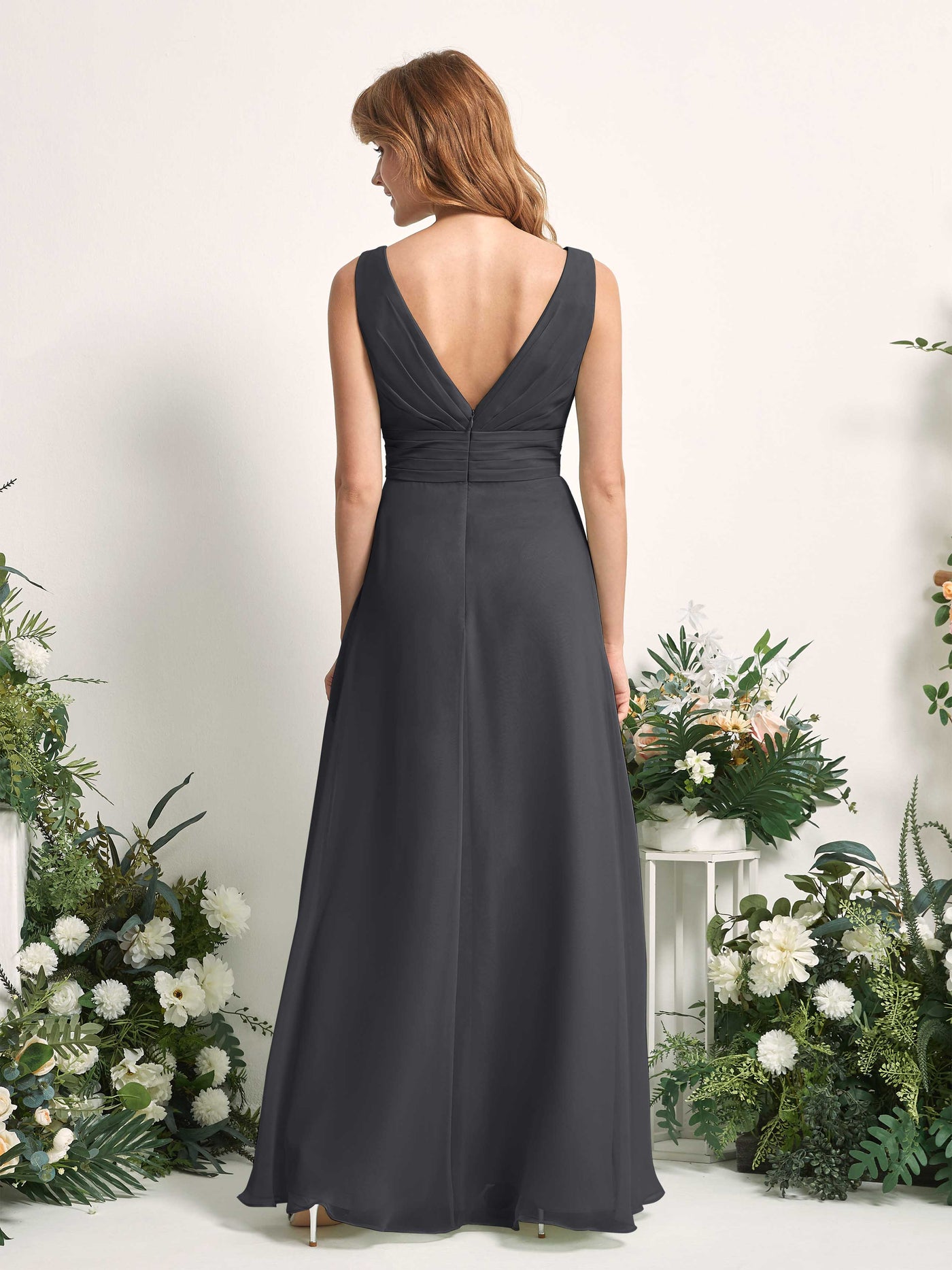 Carlyna Mollie A-Line Pewter Bridesmaid Dress Maxi Sleeveless V-Neck Dress #color_pewter