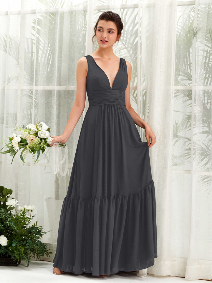 A-line Maternity Straps Sleeveless Chiffon Bridesmaid Dress - Pewter (80223738)