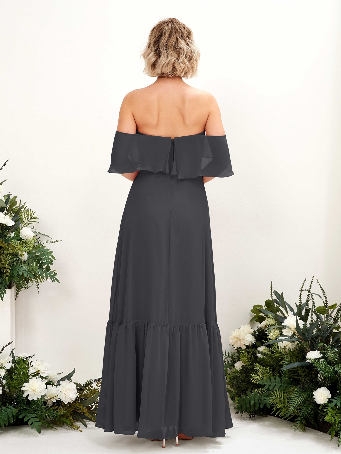 Carlyna Joie A-Line Pewter Bridesmaid Dress Maxi Sleeveless Off the Shoulder Dress #color_pewter