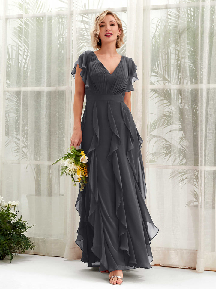 A-line V-neck Short Sleeves Chiffon Bridesmaid Dress - Pewter (81226038)