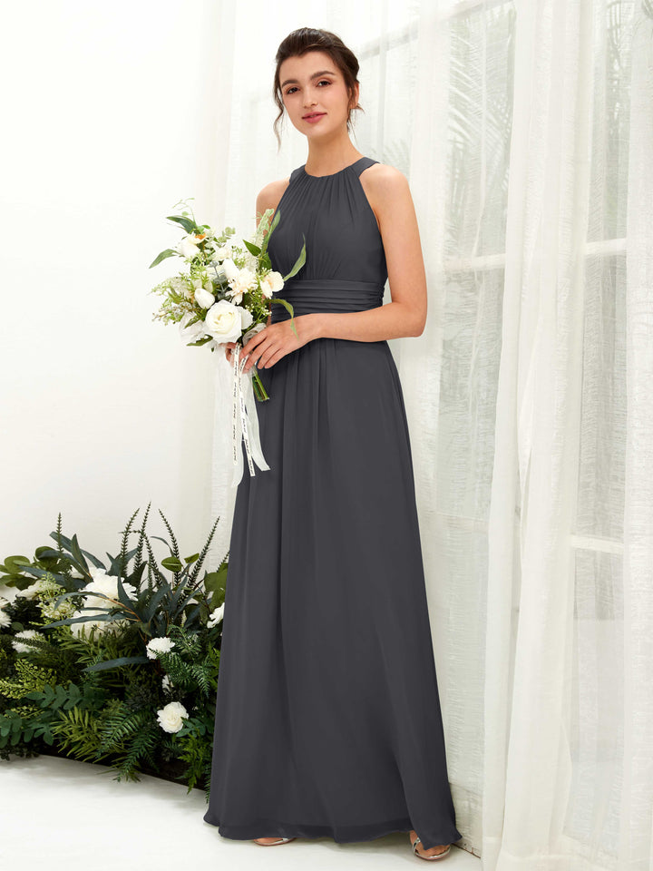 A-line Round Sleeveless Chiffon Bridesmaid Dress - Pewter (81221538)