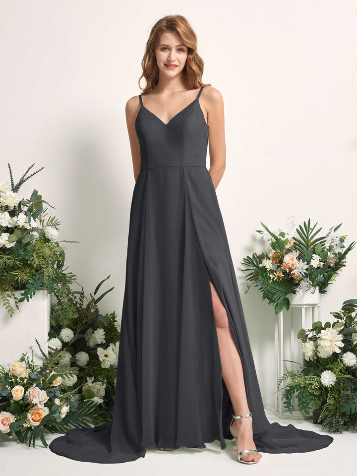 Bridesmaid Dress A-line Chiffon Spaghetti-straps Full Length Sleeveless Wedding Party Dress - Pewter (81227738)