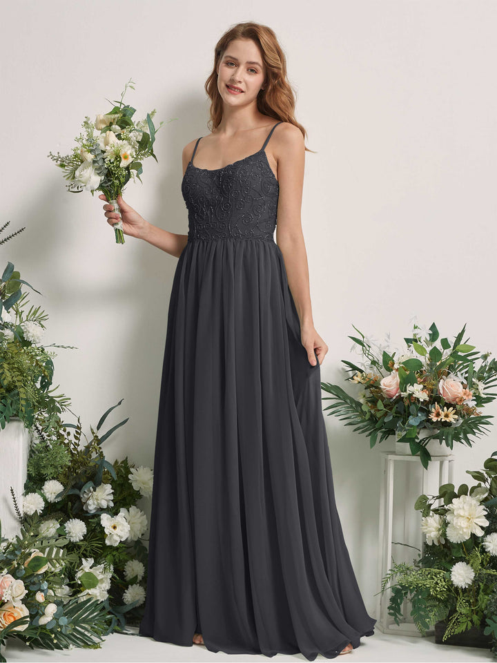 Pewter Bridesmaid Dresses A-line Spaghetti-straps Sleeveless Chiffon Dresses (83221238)