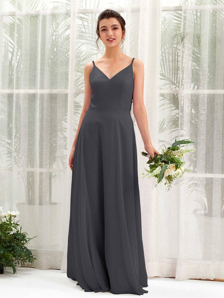 A-line Spaghetti-straps V-neck Sleeveless Chiffon Bridesmaid Dress - Pewter (81220638)