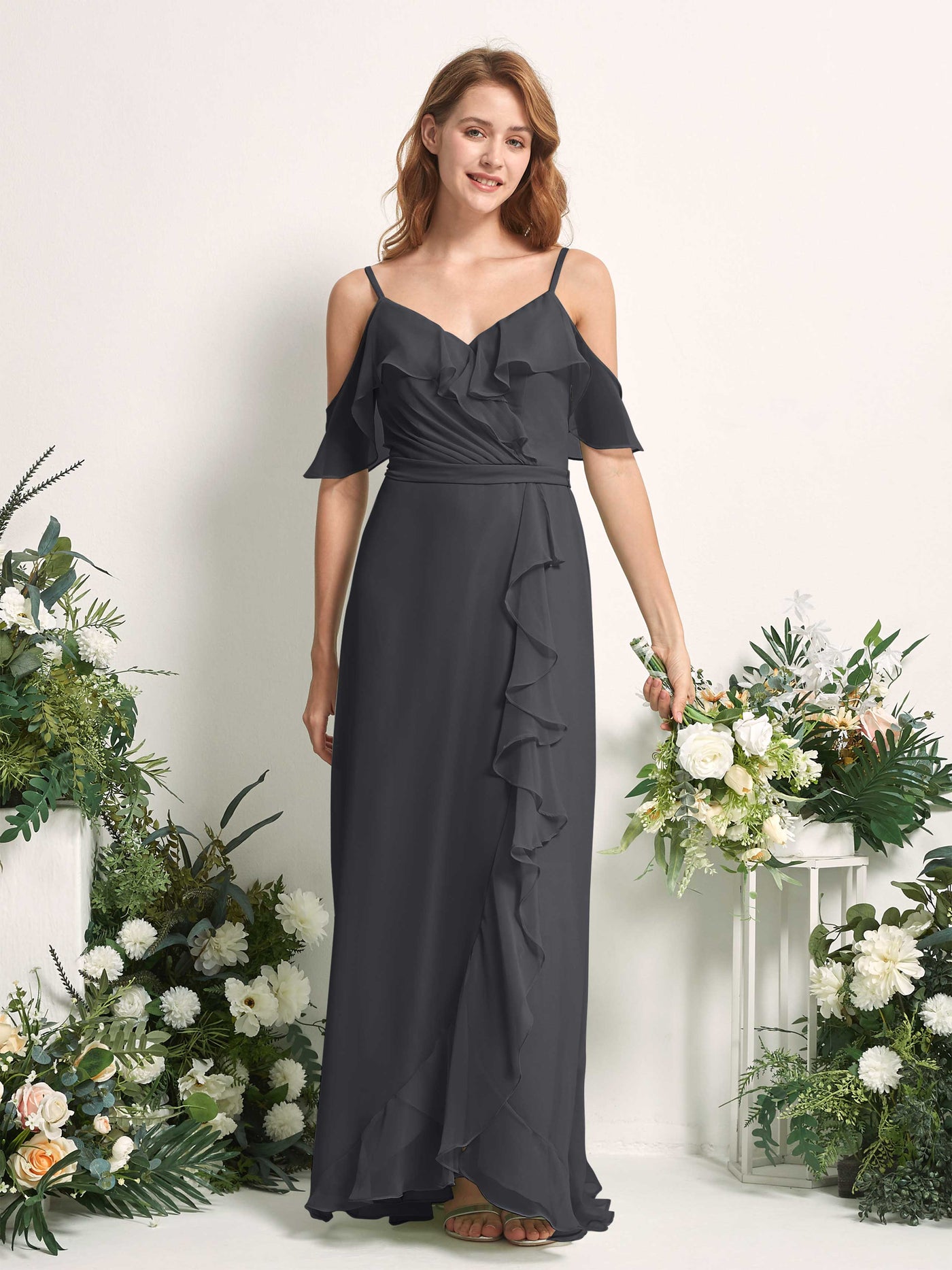 Carlyna Yvette A-Line Pewter Bridesmaid Dress Maxi Sleeveless V-Neck Dress #color_pewter