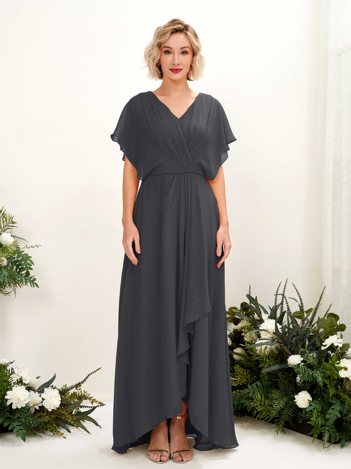 A-line V-neck Short Sleeves Chiffon Bridesmaid Dress - Pewter (81222138)