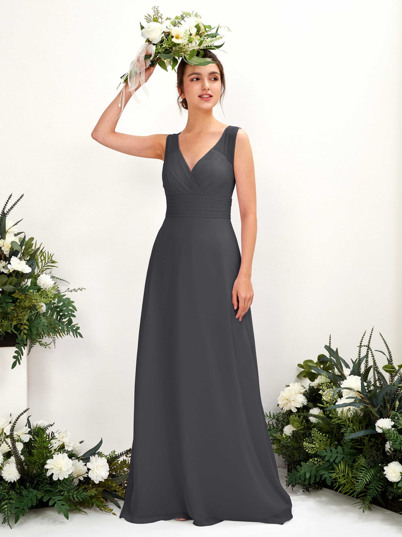 Carlyna Karen A-Line Pewter Bridesmaid Dress Maxi Sleeveless V-Neck Dress #color_pewter