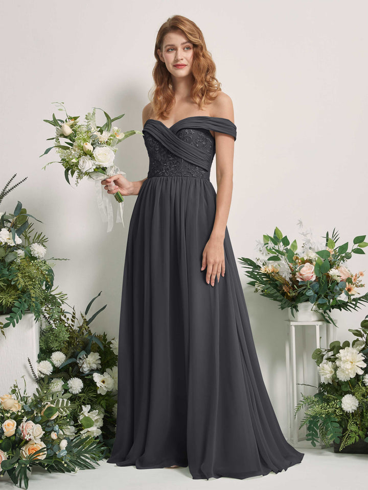 Pewter Bridesmaid Dresses Ball Gown Off Shoulder Sleeveless Chiffon Dresses (83220438)