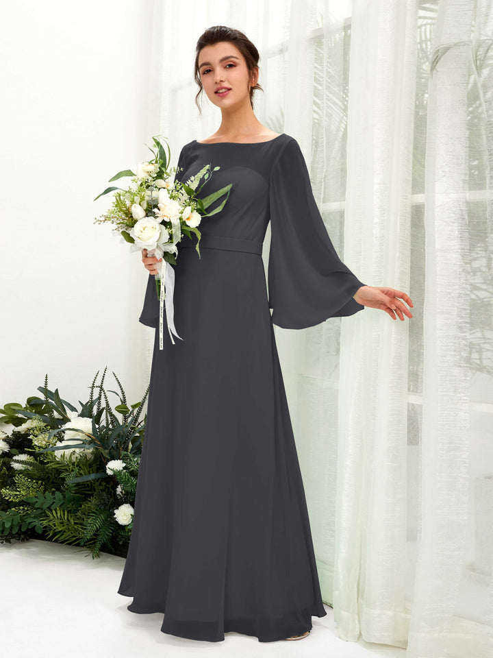 Bateau Illusion Long Sleeves Chiffon Bridesmaid Dress - Pewter (81220538)