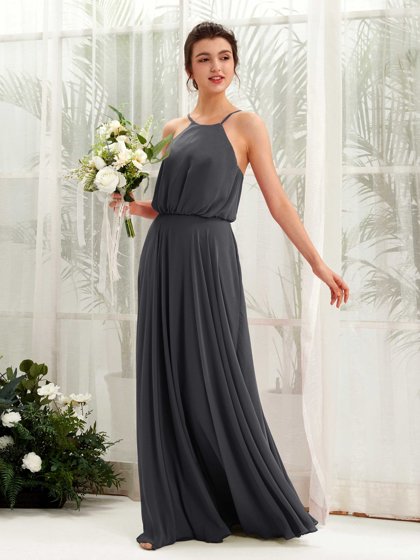 Bohemian Halter Spaghetti-straps Bridesmaid Dress - Pewter (81223438)#color_pewter