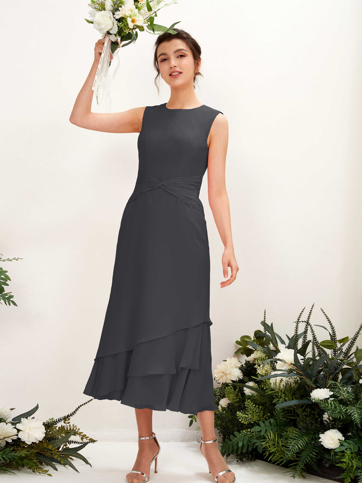 Mermaid/Trumpet Round Sleeveless Chiffon Bridesmaid Dress - Pewter (81221938)