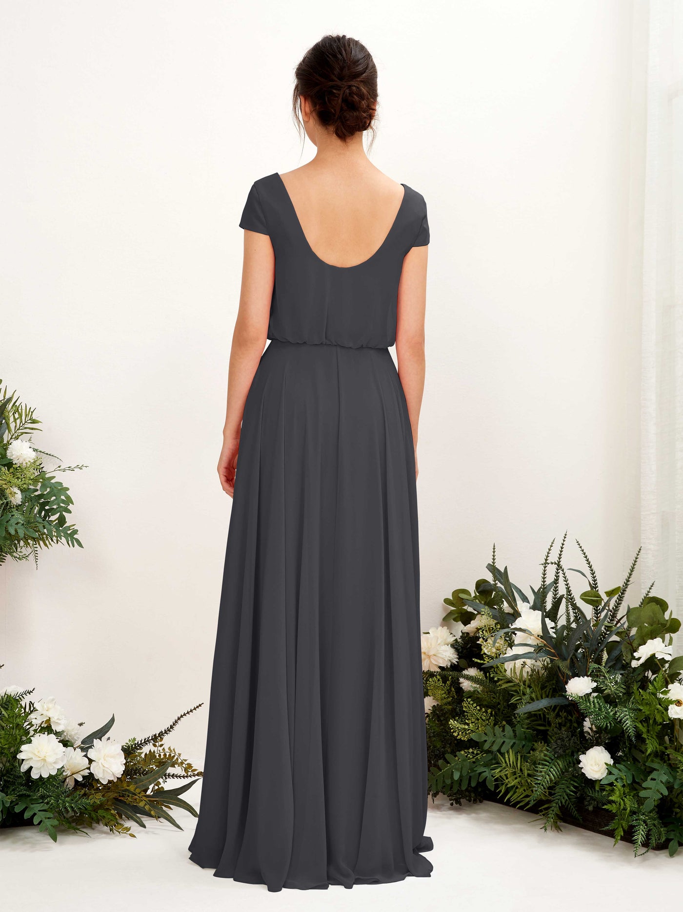 Carlyna Pauline A-Line Pewter Bridesmaid Dress Maxi Cap Sleeve V-Neck Dress #color_pewter