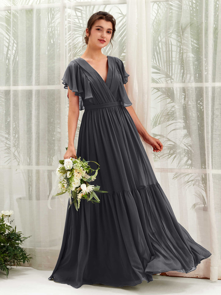 V-neck Cap Sleeves Chiffon Bridesmaid Dress - Pewter (81225938)