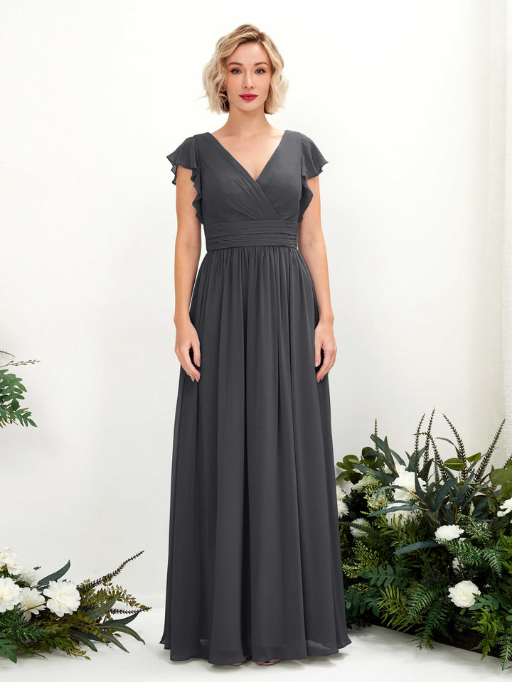 V-neck Short Sleeves Chiffon Bridesmaid Dress - Pewter (81222738)