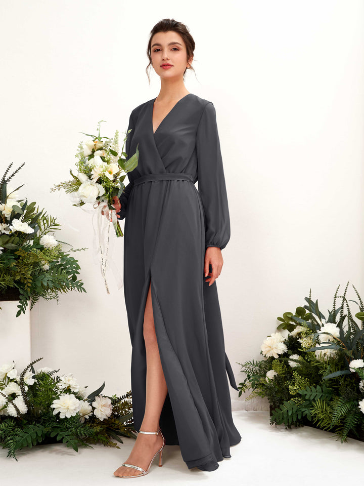 V-neck Long Sleeves Chiffon Bridesmaid Dress - Pewter (81223238)