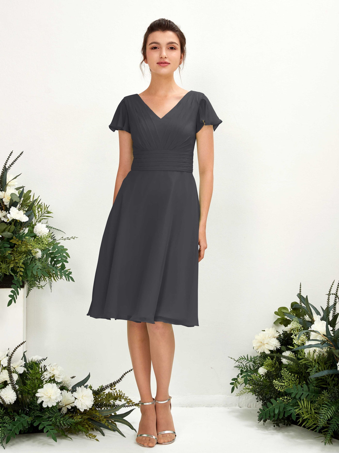 V-neck Short Sleeves Chiffon Bridesmaid Dress - Pewter (81220238)#color_pewter