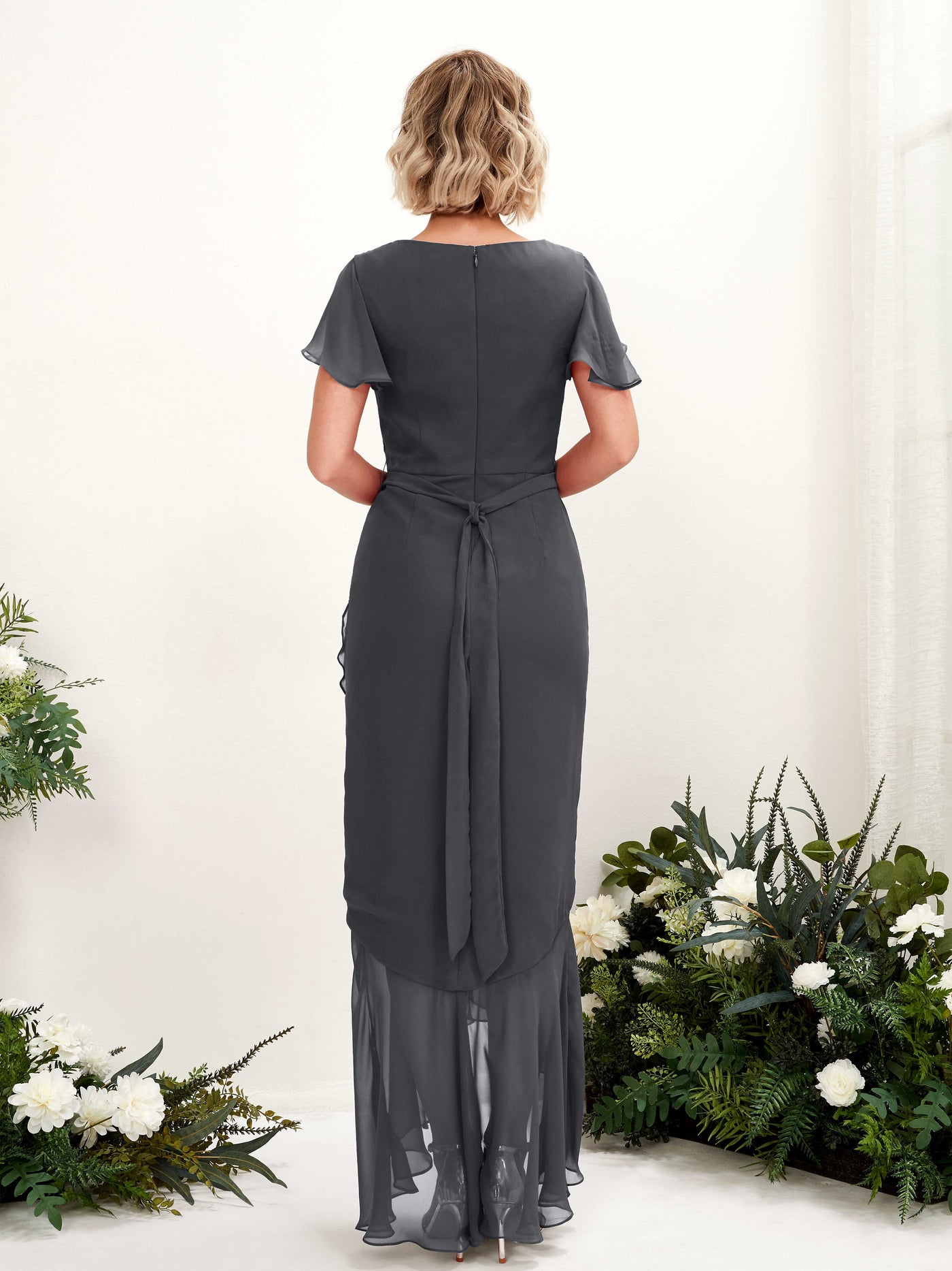 Carlyna Eartha Mermaid Pewter Bridesmaid Dress Maxi Cap Sleeve V-Neck Dress #color_pewter