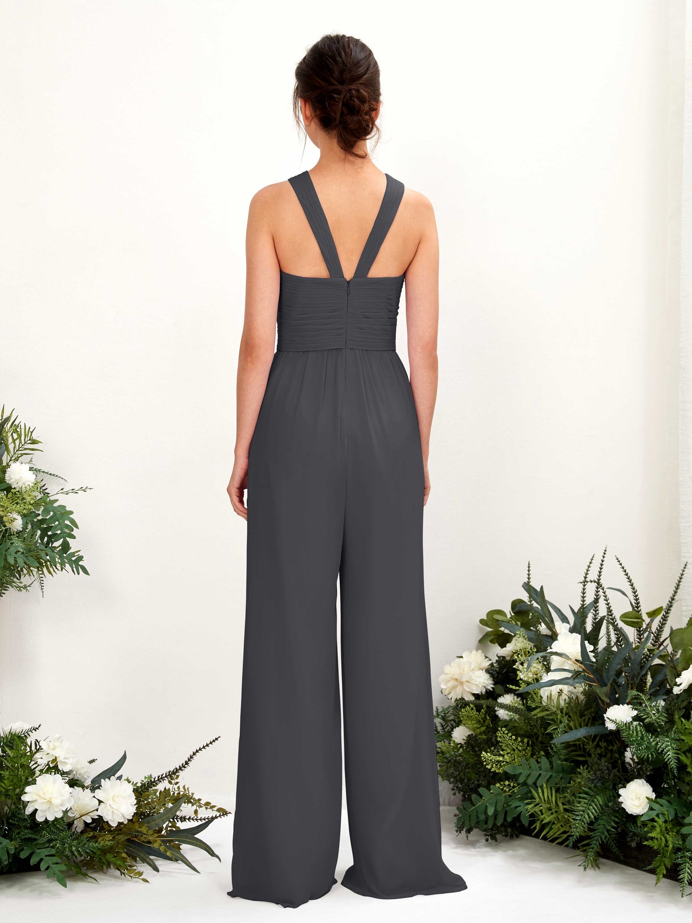 V-neck Sleeveless Chiffon Bridesmaid Dress Wide-Leg Jumpsuit - Pewter (81220738)#color_pewter