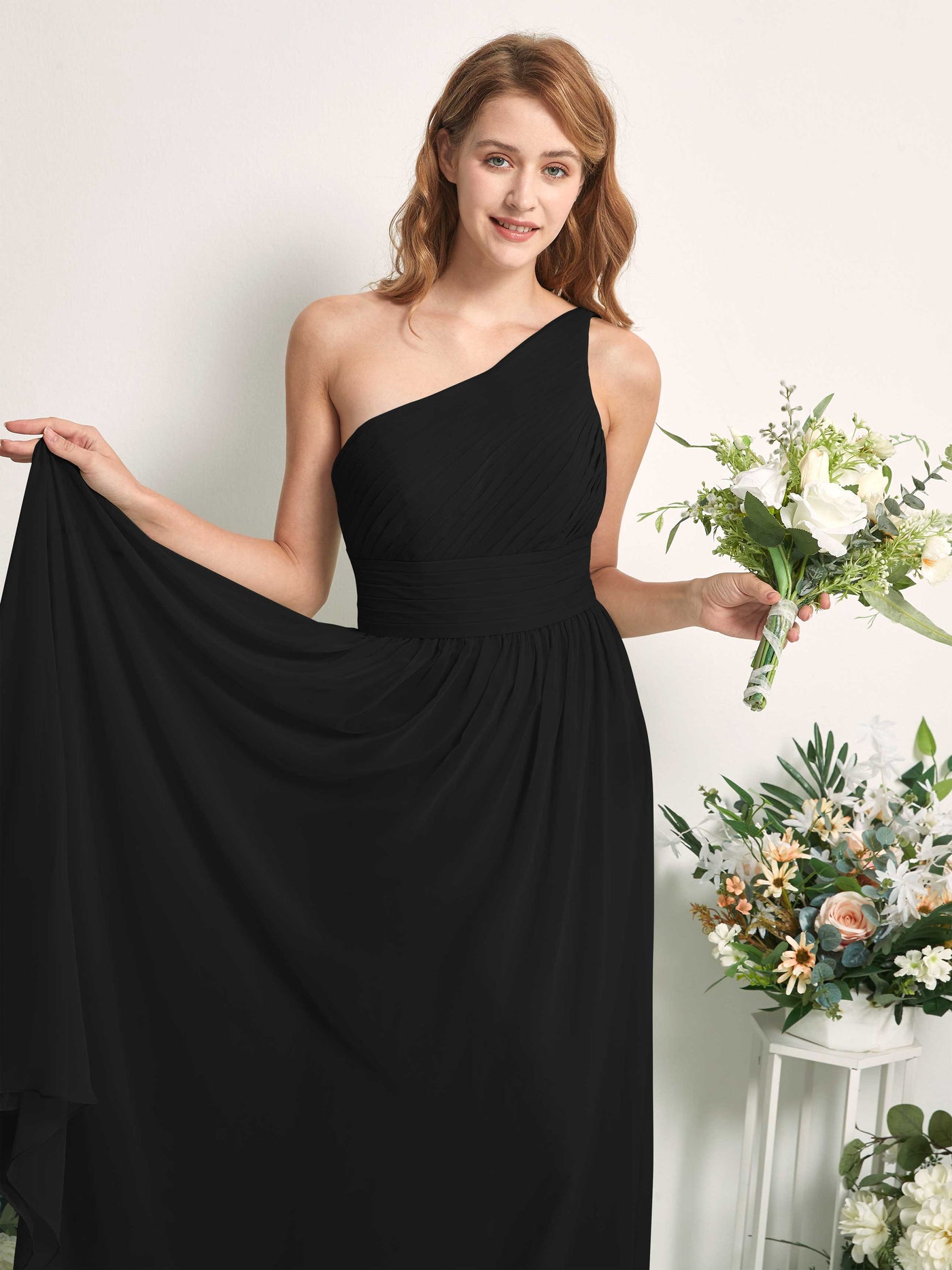 Bridesmaid Dress A-line Chiffon One Shoulder Full Length Sleeveless Wedding Party Dress - Black (81226715)#color_black