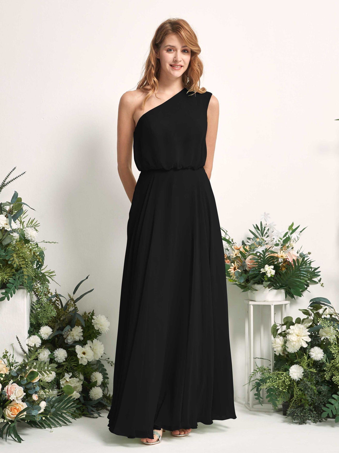 Bridesmaid Dress A-line Chiffon One Shoulder Full Length Sleeveless Wedding Party Dress - Black (81226815)#color_black