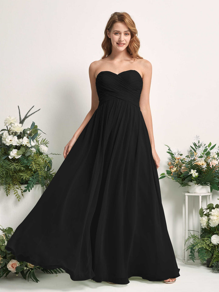 Bridesmaid Dress A-line Chiffon Sweetheart Full Length Sleeveless Wedding Party Dress - Black (81226915)