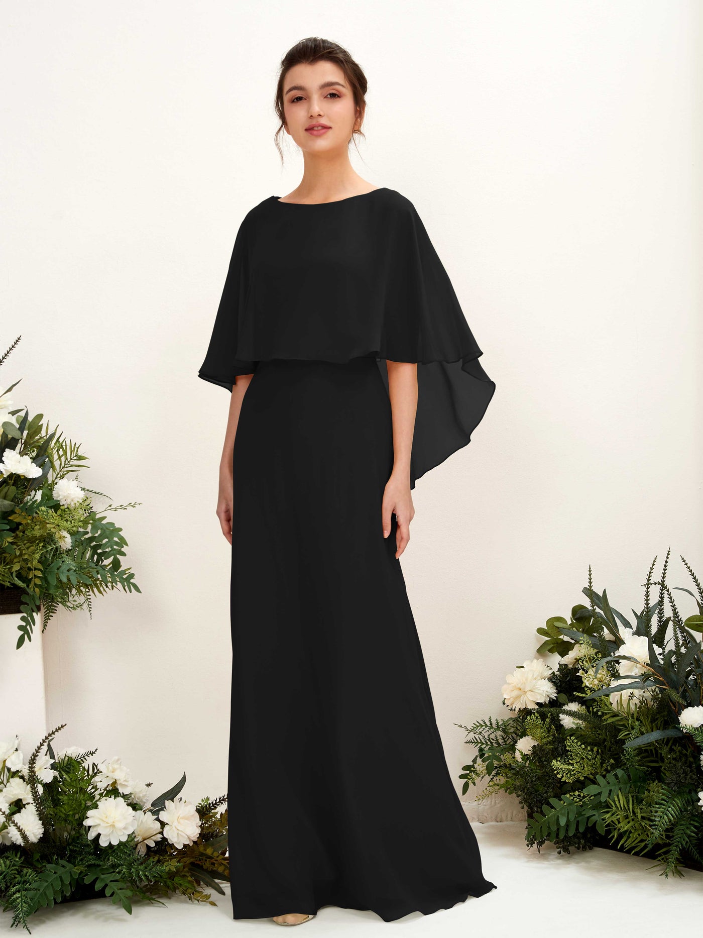 Carlyna Savin Sheath Black Bridesmaid Dress Maxi Cap Sleeve Boat Neck Dress #color_black