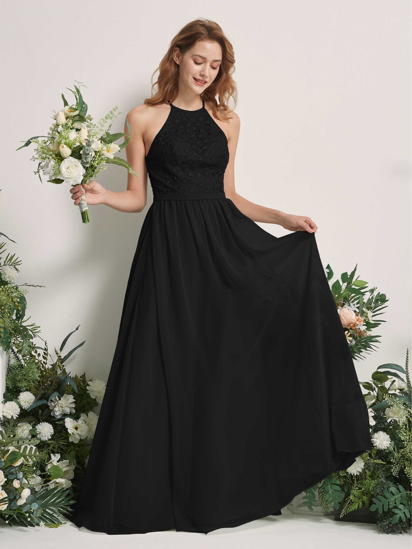 Black Bridesmaid Dresses A-line Halter Sleeveless Chiffon Dresses (83220815)#color_black