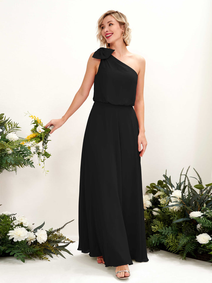 A-line One Shoulder Sleeveless Chiffon Bridesmaid Dress - Black (81225515)