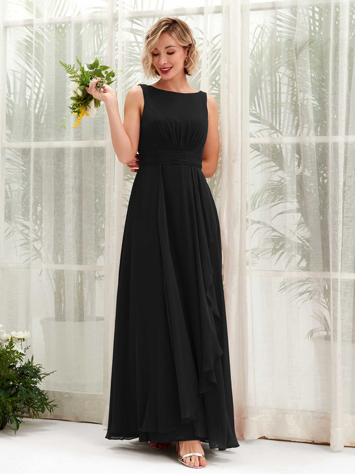 A-line Bateau Sleeveless Chiffon Bridesmaid Dress - Black (81225815)