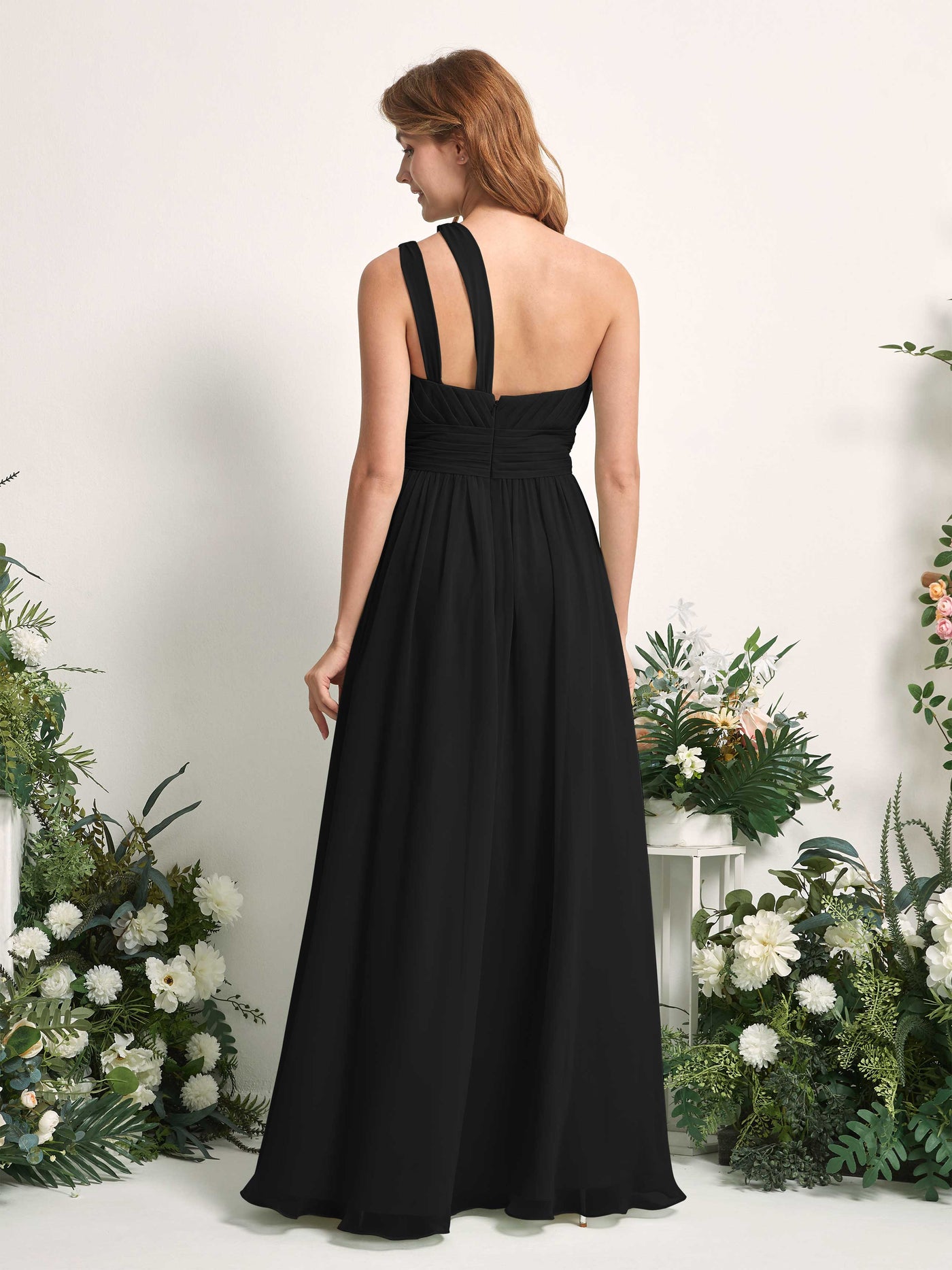 Carlyna Evelyn A-Line Black Bridesmaid Dress Maxi Sleeveless One Shoulder Dress #color_black