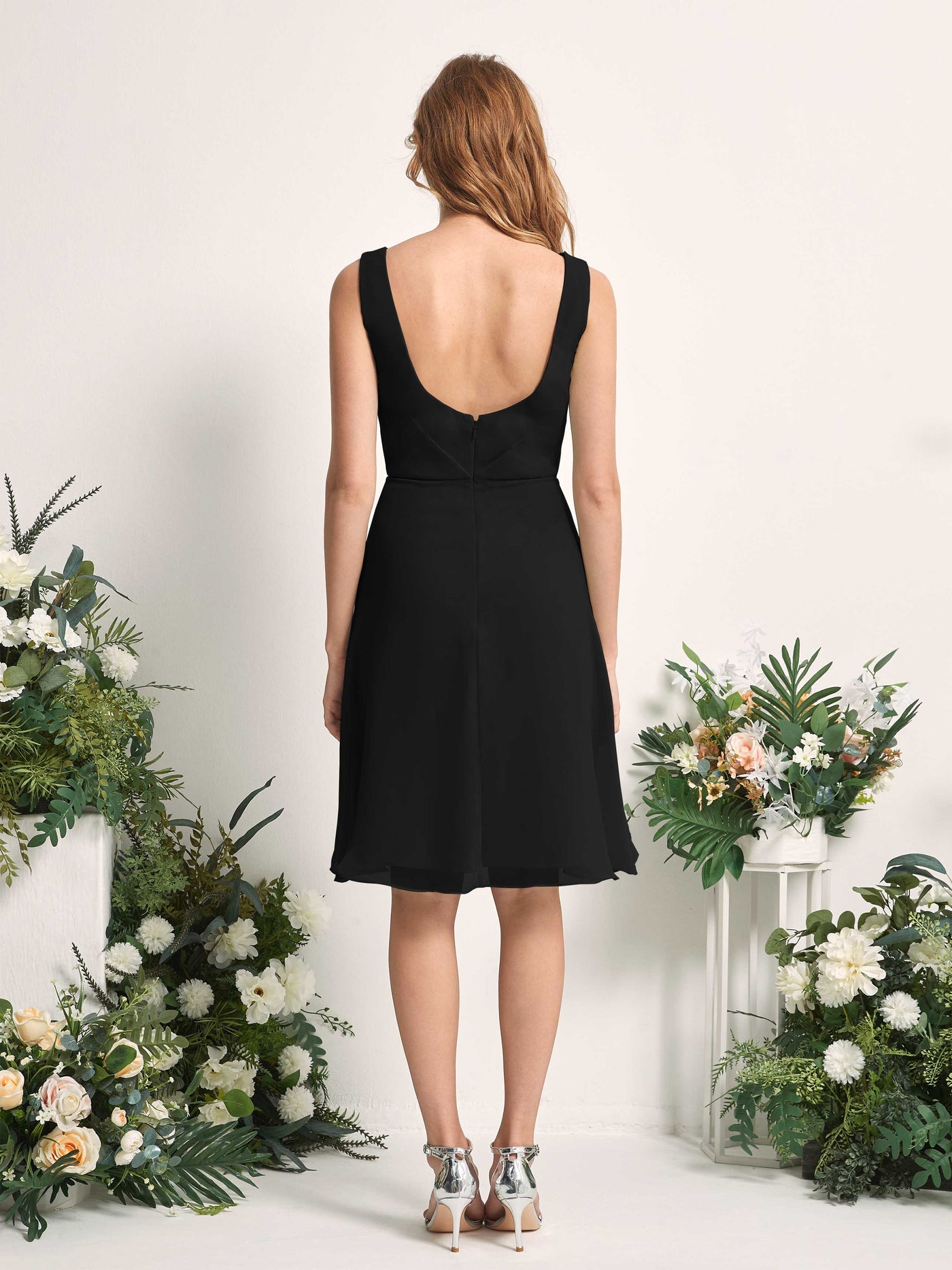 Bridesmaid Dress A-line Chiffon Straps Knee Length Sleeveless Wedding Party Dress - Black (81226615)#color_black