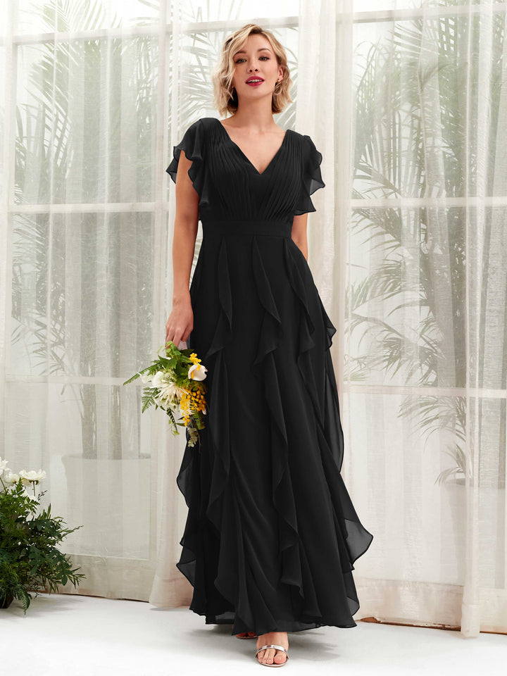 A-line V-neck Short Sleeves Chiffon Bridesmaid Dress - Black (81226015)