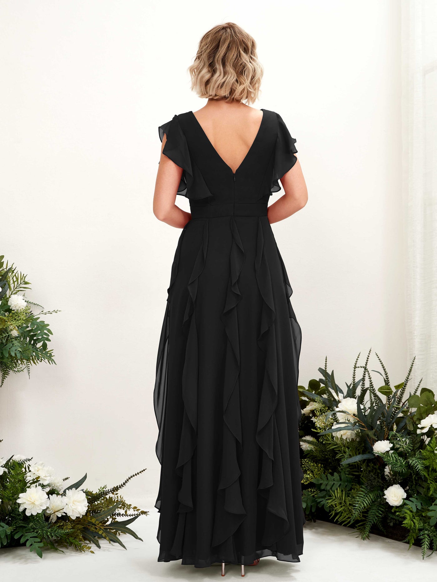 Carlyna Cynthia A-Line Black Bridesmaid Dress Maxi Cap Sleeve V-Neck Dress #color_black