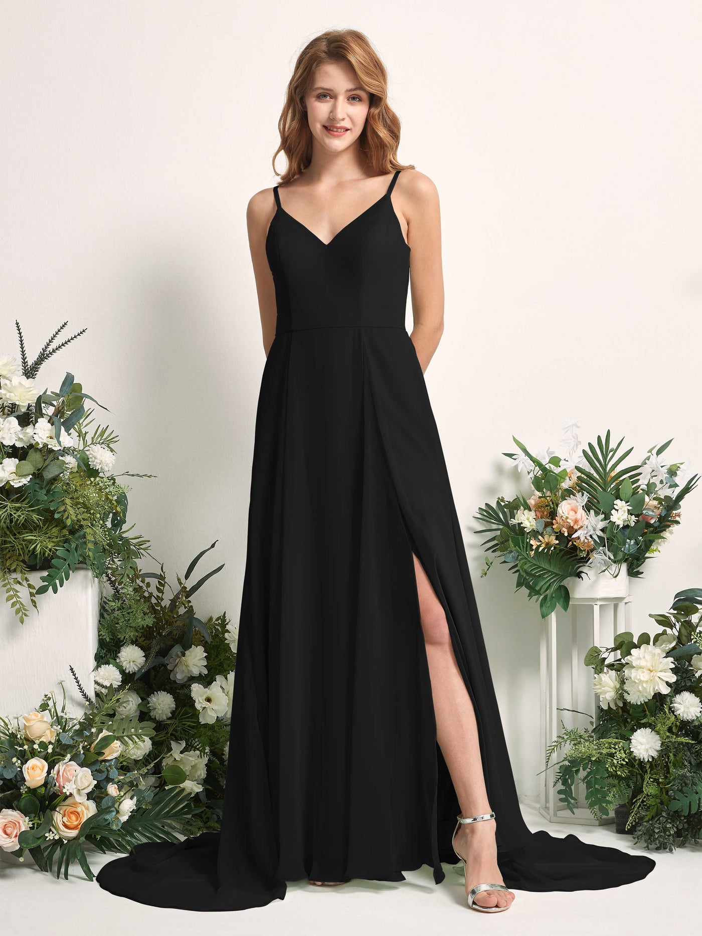 Bridesmaid Dress A-line Chiffon Spaghetti-straps Full Length Sleeveless Wedding Party Dress - Black (81227715)#color_black