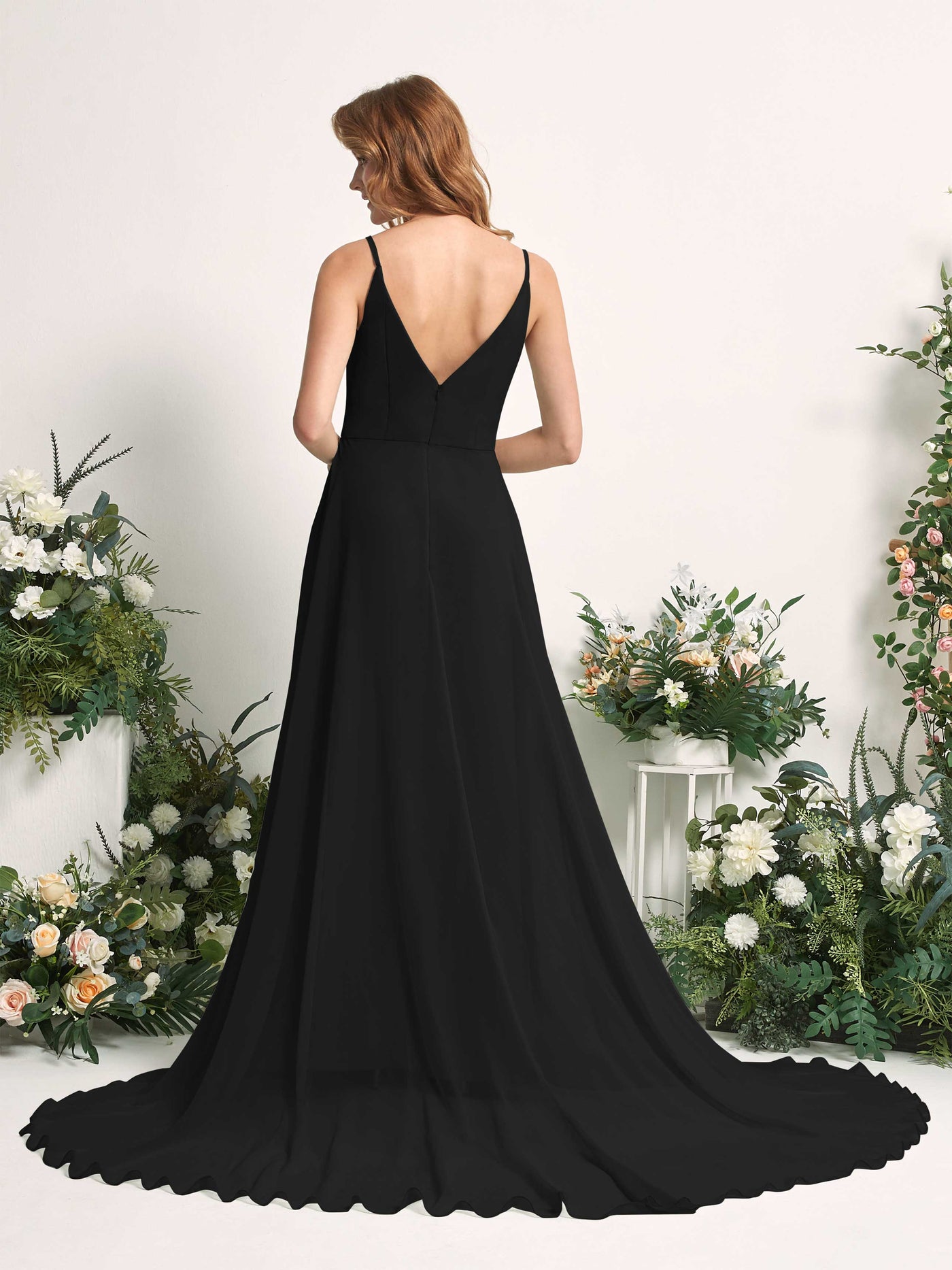 Bridesmaid Dress A-line Chiffon Spaghetti-straps Full Length Sleeveless Wedding Party Dress - Black (81227715)#color_black