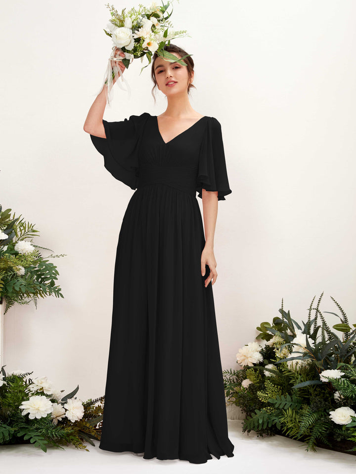 A-line V-neck 1/2 Sleeves Chiffon Bridesmaid Dress - Black (81221615)