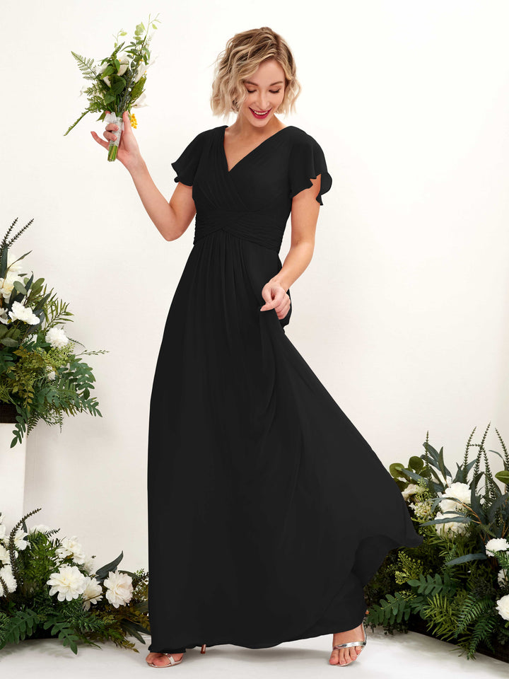 A-line V-neck Cap Sleeves Chiffon Bridesmaid Dress - Black (81224315)