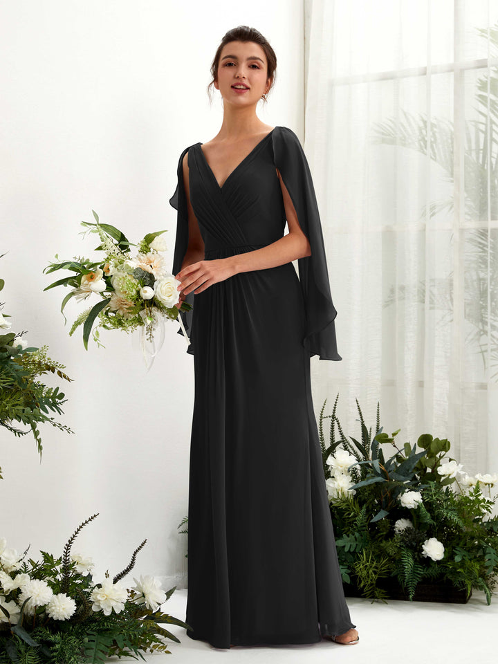 A-line V-neck Chiffon Bridesmaid Dress - Black (80220115)