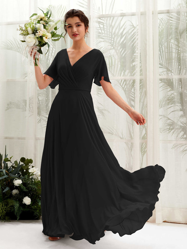 A-line V-neck Short Sleeves Chiffon Bridesmaid Dress - Black (81224615)