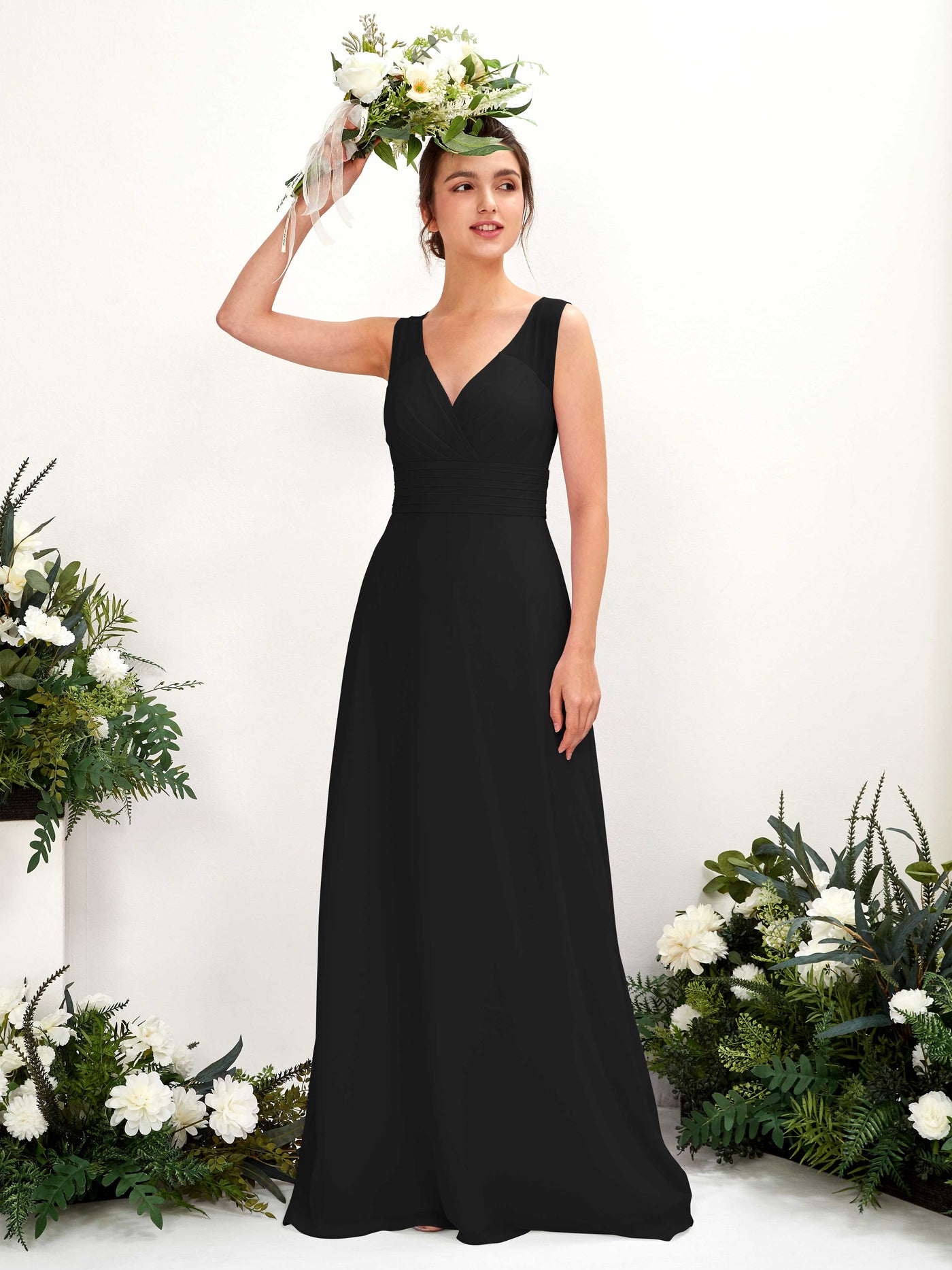 Carlyna Karen A-Line Black Bridesmaid Dress Maxi Sleeveless V-Neck Dress #color_black