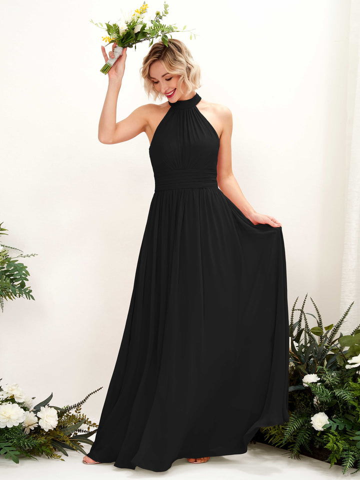 Ball Gown Halter Sleeveless Chiffon Bridesmaid Dress - Black (81225315)